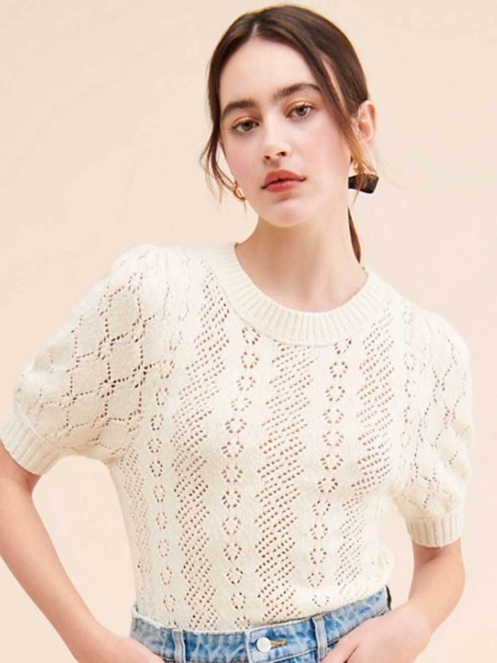 Free People Women’s Eloise Knit Cream Short Sleeve Sweater Pullover (45% Cotton)